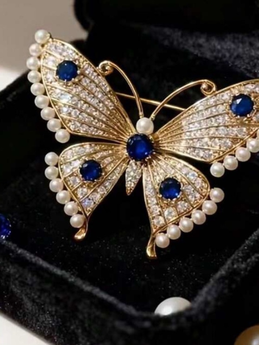 Gold Butterfly Brooch with Blue Stones and Pearls